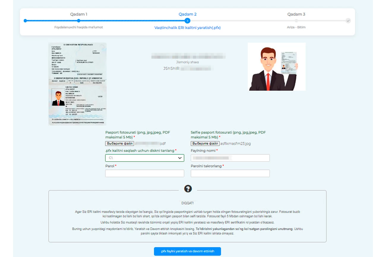Pasportingiz nusxasini va namunaga muvofiq pasportingiz bilan selfi suratni yuklang.