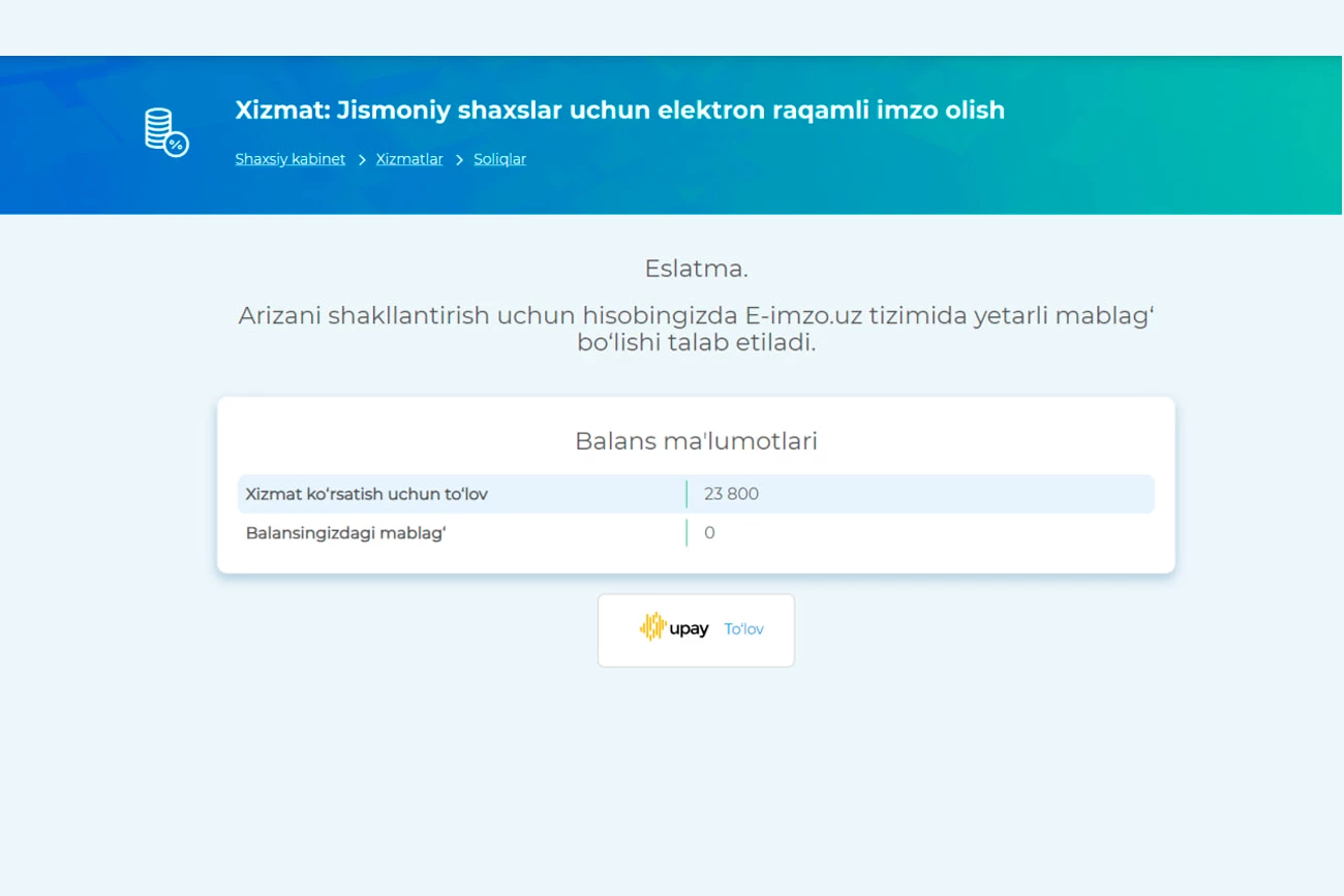 "To’lov" tugmasi orqali tizim taqdim etadigan usullar bilan xizmat haqini to’lang.