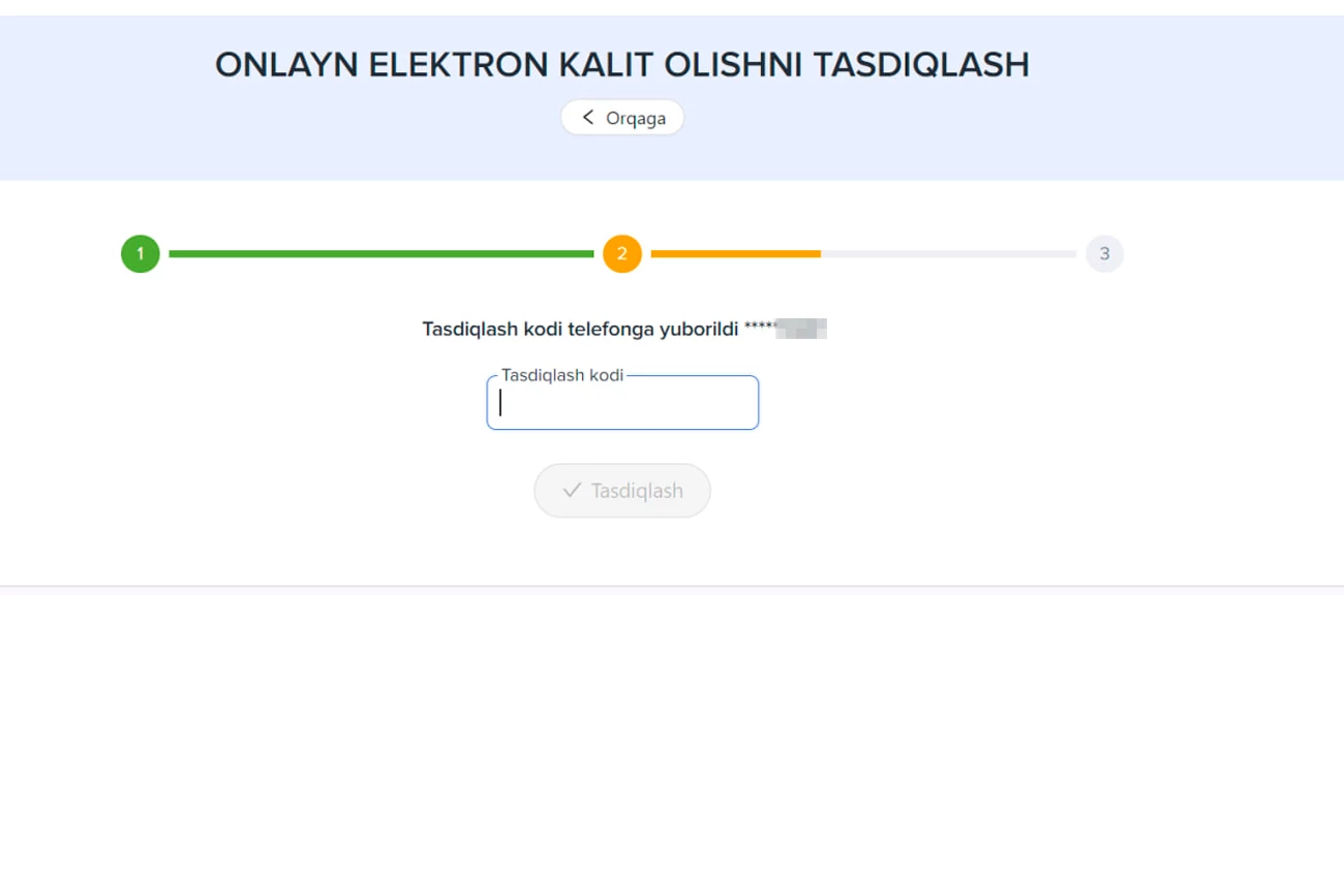 Telefoningizga yuborilgan kodni maydonga kiritib, arizani tasdiqlang.