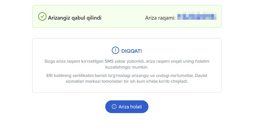 Ariza qabul qilinganini dalolat beruvchi oyna.