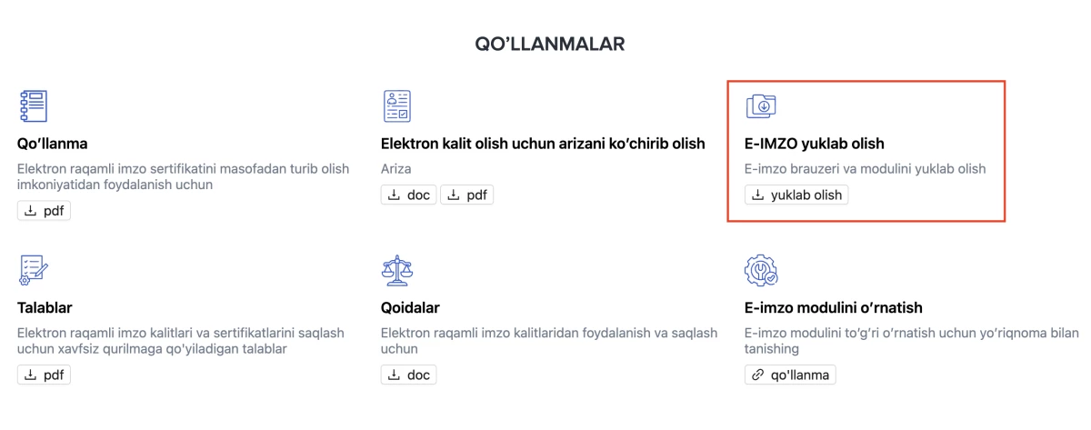 Bosh sahifadagi qo'llanmalar bo'limi. Foto: e-imzo.soliq.uz