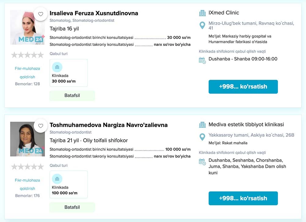 Ortodont shifokor qabuli narxi. Foto: med24.uz