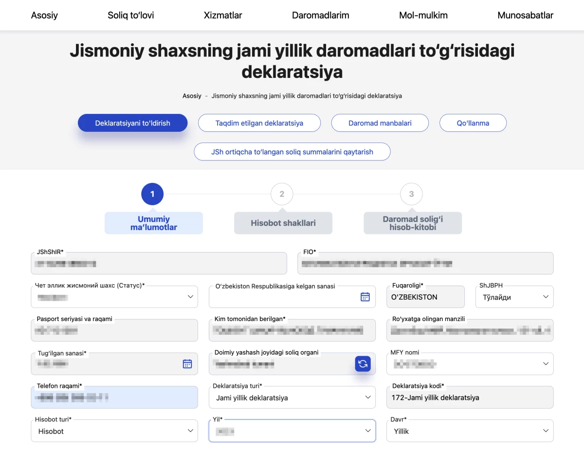 Umumiy ma'lumotlar bo'limini to'ldirish. Foto: my3.soliq.uz