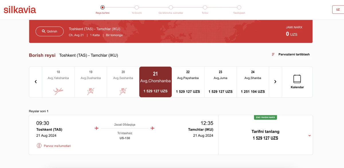 Silkavia kompaniyasida Toshkentdan Issiq ko'ldagi Tamchi aeroportiga uchish jadvali. Foto: silk-avia.com