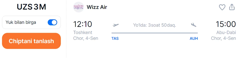 Toshkentdan Abu-Dabiga to'g'ridan-to'g'ri parvoz. Foto: aviasales.uz