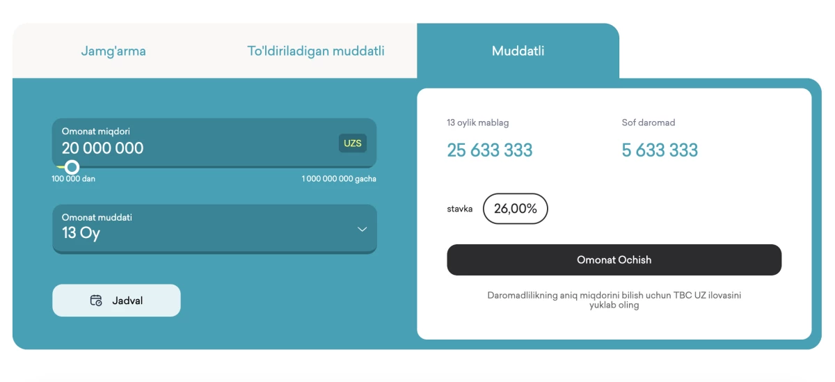 TBC bankning 26%li omonat kalkulyatori