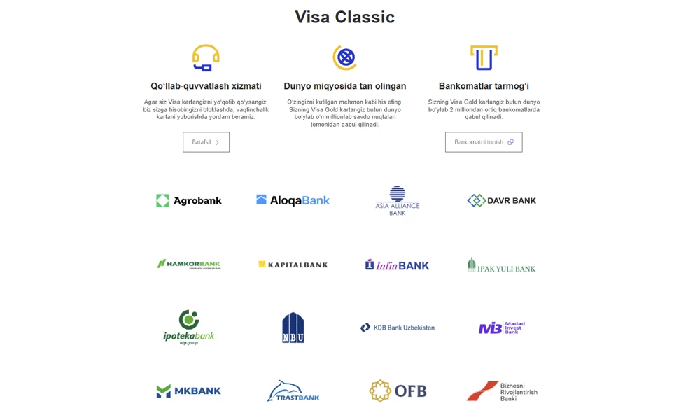 Visa kartasini taqdim etadigan banklar