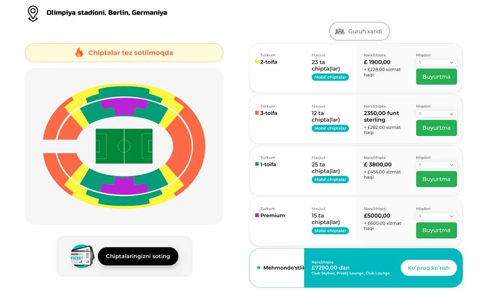 Yevro-2024 chiptalarining onlayn sotuvi. Foto: ticketkosta.com